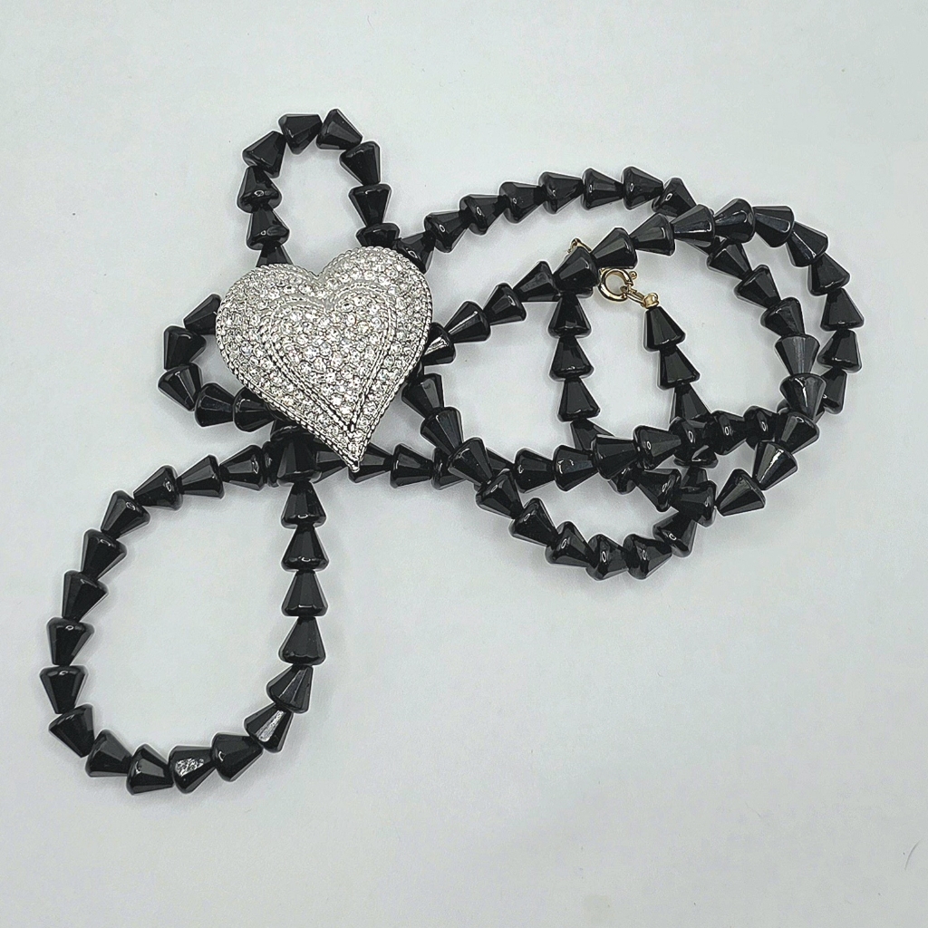 Erwin Pearl Rhinestone Heart With Vintage Jet Necklace